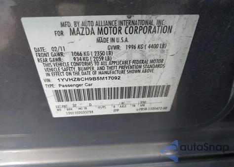 2011 Mazda Mazda6 I Touring z USA, uszkodzony, nr VIN 1YVHZ8CH9B5M17092